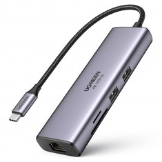 HUB Multifuncțional Ugreen 7in1 USB Type C - 2x USB 3.2 Gen 1 / HDMI 4K 60Hz / Cititor De Carduri SD și TF / USB Tip C PD 100W / RJ45 1000Mbps (1Gbps)