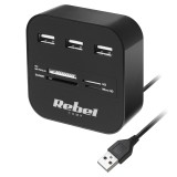 Hub USB 2.0 3p + card reader Rebel negru