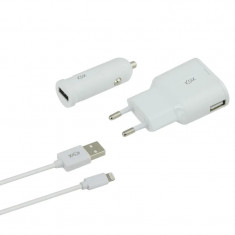 Set Incarcator Auto si Retea Ksix +Cablu Date Lightning-Usb Alb