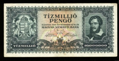 x050 UNGARIA 10 milioane Pengo 1945 t&amp;iacute;zmilli&amp;oacute; Pengő SUPERINFLATIE XF foto