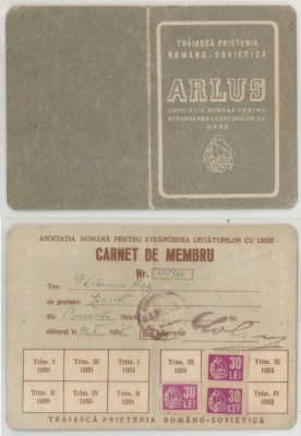 Romania, ARLUS, Carnet de membru, Bcuresti, 1951 foto
