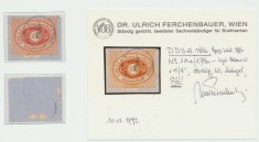 Austria posta fluviala DDSG 1866 timbru 17 Kr anulat pe fragment de plic cu o stampila rara de bord, fotoatest dr Ferchenbauer foto