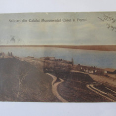 Rara! Calafat(Dolj):Monumentul Carol si portul,carte pos.circ.1912,stamp.Cetate