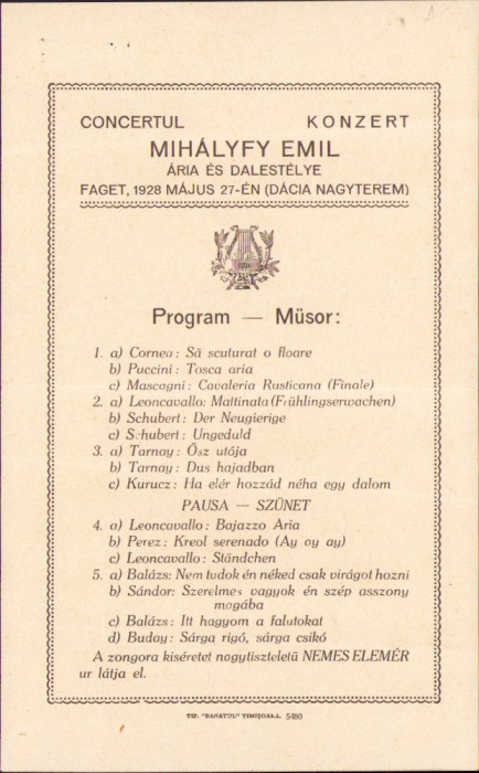 HST A870 Program concert 1928 Făget Timiș