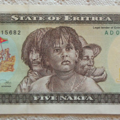 Bancnota exotica 5 NAFKA - ERITREEA, anul 1997 *cod 922 B = UNC 2 filigrane