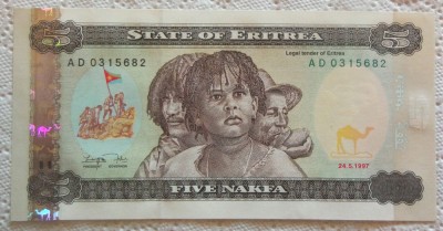 Bancnota exotica 5 NAFKA - ERITREEA, anul 1997 *cod 922 B = UNC 2 filigrane foto