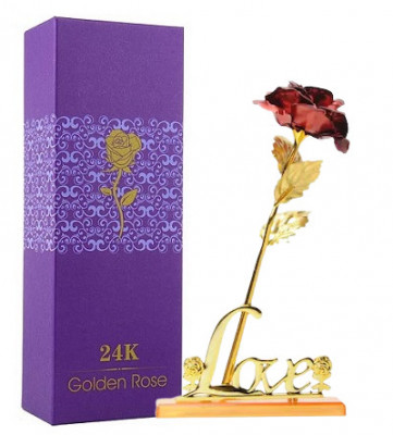 Trandafir suflat cu aur de 24K - Rosu + Suport Love foto