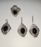 Set Complet 4 Piese Bijuterii Argint 925 Vintage cu Onix Negru și Marcasite