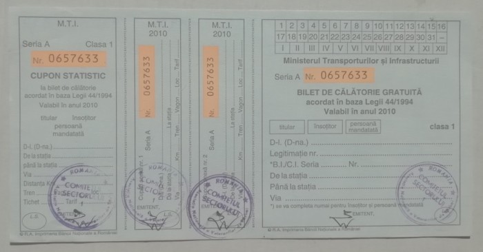 QW13 10 - 2010 - militar - document transport gratuit pentru militari - clasa I