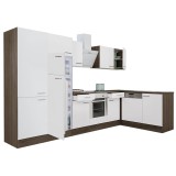 Mobilă de bucătărie de colț Yorki 340, corp din stejar Yorki, front alb satinat cu element cuptor inferior, dulap cu rafturi, frigider congelator supe
