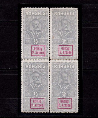 RO 1917/1918 Carol I fiscal supra. &amp;quot;Gultig 9 Armee &amp;quot; , 30 bani in bloc de 4, MLH foto