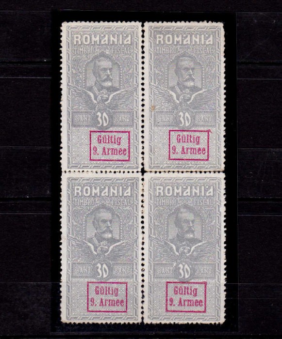 RO 1917/1918 Carol I fiscal supra. &quot;Gultig 9 Armee &quot; , 30 bani in bloc de 4, MLH