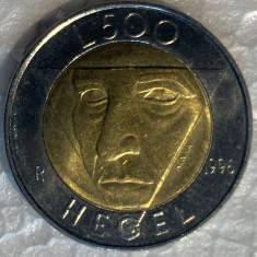 MONEDA BIMETAL, 500 LIRE SAN MARINO, MONEDA DIN IMAGINI COMEMORATIVA(F.HEGEL)