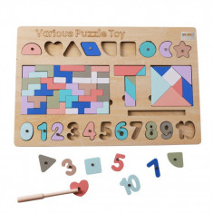 Joc educativ montessori din lemn cu 5 functii tip Tetris si Tangram - JH-5