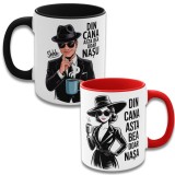 Set 2 cani haioase pentru Nas si Nasa, cu ilustratie &bdquo;Din cana asta bea doar Nasu/Nasa&rdquo;, interior rosu si negru, cadou personalizat nunta si botez, ce