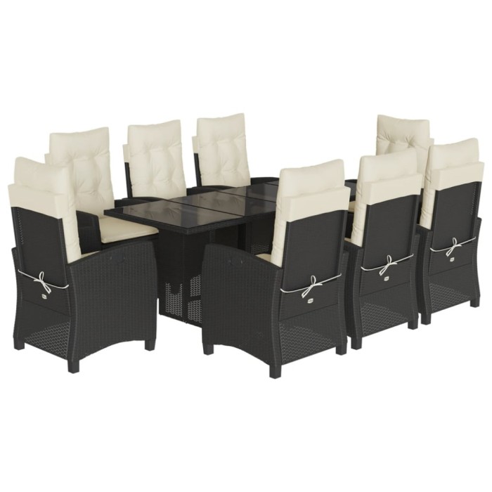 Set mobilier de gradina cu perne, 9 piese, negru, poliratan