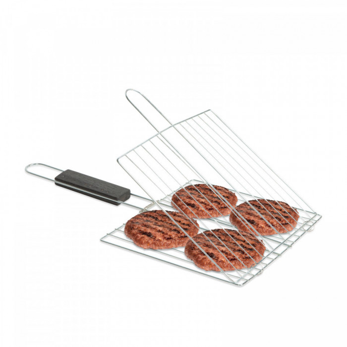 Grill grătar hamburger - cu inveliș cromat, m&acirc;ner din lemn - 38 x 22 cm