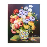 Tablou pictat manual living, dormitor, hol, Carafa cu crizanteme si carte, 60x50cm ulei pe panza, gata de agatat pe perete