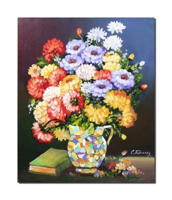 Tablou pictat manual, Carafa cu crizanteme si carte, 60x50cm ulei pe panza, Constantin Feraru foto