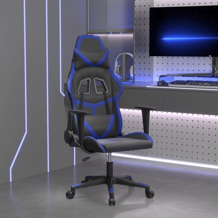 Scaun de gaming de masaj, negru și albastru, piele ecologică