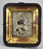 Icoană veche din argint 84 kokoshnik &icirc;n casetă - Maica Domnului din Vladimir - atelier Moscova Rusia / Imperiul Rus 1897