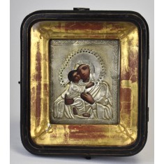 Icoană veche din argint 84 kokoshnik &icirc;n casetă - Maica Domnului din Vladimir - atelier Moscova Rusia / Imperiul Rus 1897