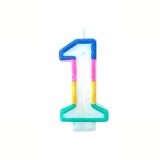Cumpara ieftin Lumanare aniversara cifra 1 alba 4,8 cm, decor albastru, roz, galben, verde si portocaliu, parafina, fitil bumbac, suport pentru tort