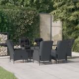 Set Mobilier Gradina vidaXL, 7 Piese, Poliratan Gri Inchis, Masa Sticla 160cm, Scaune Rabatabile cu Perne