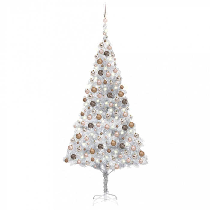 Brad de Crăciun artificial LED-uri&amp;globuri argintiu 210 cm PET