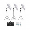 Kit lumini pentru Studio format din 3 umbrele difuzie cu 3 mufe pivotante, 3 suport trepied reglabil 80 - 200 cm si 3 becuri lumina alba 150w plus Gea, Oem