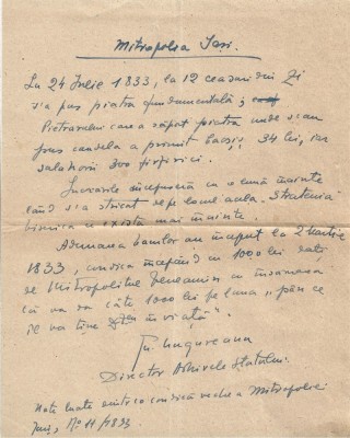 A4031N Gheorghe Ungureanu, directorul Arhivelor Statului Iași, notă de m&amp;acirc;nă, semnată, despre Mitropolia Iași foto