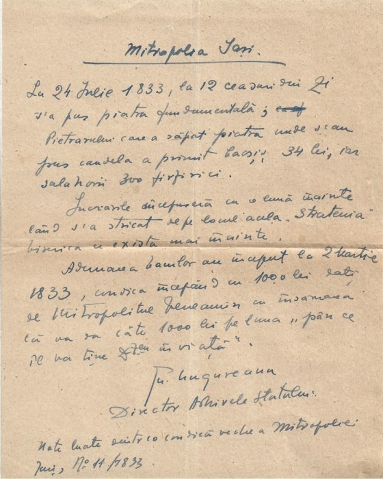 A4031N Gheorghe Ungureanu, directorul Arhivelor Statului Iași, notă de m&acirc;nă, semnată, despre Mitropolia Iași