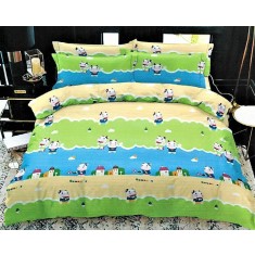 Lenjerie de pat pentru o persoana cu husa de perna patrata, Joyful Cows Green, bumbac ranforce, gramaj tesatura 120 g/mp, multicolor, 3 piese