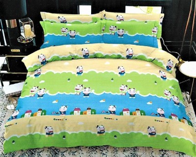 Lenjerie de pat pentru o persoana cu husa elastic pat si 2 fete perna patrata, Joyful Cows Green, bumbac ranforce, gramaj tesatura 120 g/mp, multicolo foto