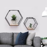 Set Rafturi Perete, Model Hexagon, Metal Negru și MDF, 2 Bucăți, Dimensiuni Variate