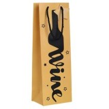 Sacoșă cadou din h&acirc;rtie kraft pentru sticle de vin, cu model sticlă și stele, 12x9x36 cm, bej, CMCLASS
