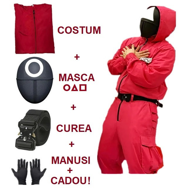 Set 5in1 costum masca curea manusi Squid Game Jocul Calamarului +CADOU |  arhiva Okazii.ro