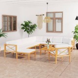 Cumpara ieftin Set mobilier grădină cu perne crem, 12 piese, lemn masiv tec