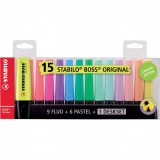 Set 15 Textmarkere Stabilo Boss Original, Multicolor, Varf 5mm, Ideal Evidentiere, Aplicabil pe Hartie