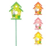 Stick Decorativ din Lemn pentru Ghiveci, Iepuras de Paste cu Casuta, 29 cm, Multicolor, CMCLASS