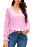 Cumpara ieftin Bluza dama din dantela cu decolteu in V maneca lunga floral mansete evazate &ndash; Roz - Marime XL