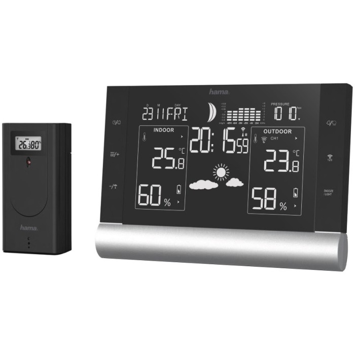 Statie meteo Hama Black Line Plus, Termometru, Higrometru, Barometru, Alarma inghet, Prognoza vreme, Indicator risc mucegai, Negru