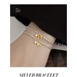 Bratara din Argint 925 cu Initiala Aurie E i Cristal , zAlphabet Charm, , Cu Lant din Margele Alungite