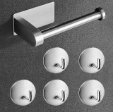 Set Baie Inox: Suport Hartie Igienica + 5 Agatatori Autoadezive 3M - Montare Fara Gaurire