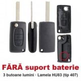 Set 2 bucati - Carcasa cheie briceag Topautochei&amp;#174; 3 butoane lumini, FARA suport baterie, lamela HU83, compatibila cu Peugeot 307 308 407 si Citro