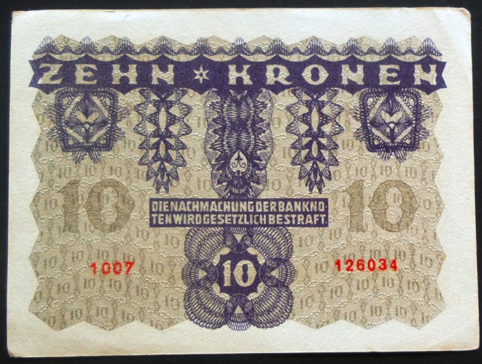 Bancnota istorica 10 COROANE - AUSTRO-UNGARIA (AUSTRIA), anul 1922 * cod 620 C