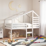 vidaXL Pat &icirc;nalt cu acoperiș, alb, 90x200 cm, lemn masiv de pin
