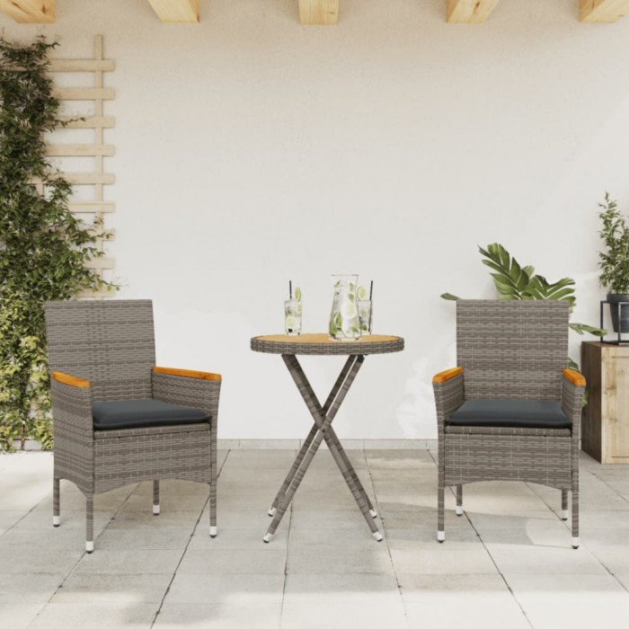 vidaXL Set bistro cu perne, 3 piese, gri, poliratan și lemn acacia 3278754