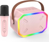 Mini Boxa portabila bleu cu doua Microfoane pentru Karaoke cu lumini multicolore si efect de schimbare voce cadou fete sai baieti