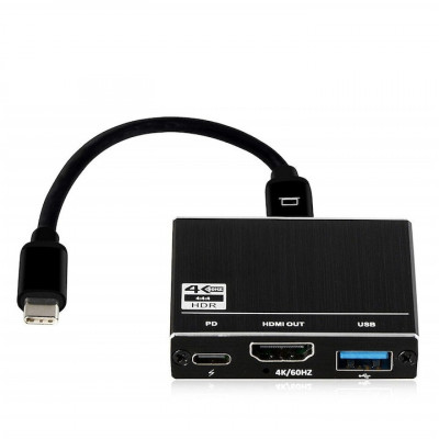 Adaptor convertor multiport 3in1 USB-C 3.1 Type C la HDMI / USB 3.0 / USB-C PD pentru telefon, laptop, tableta, Nintendo Switch, suporta 4k, negru foto